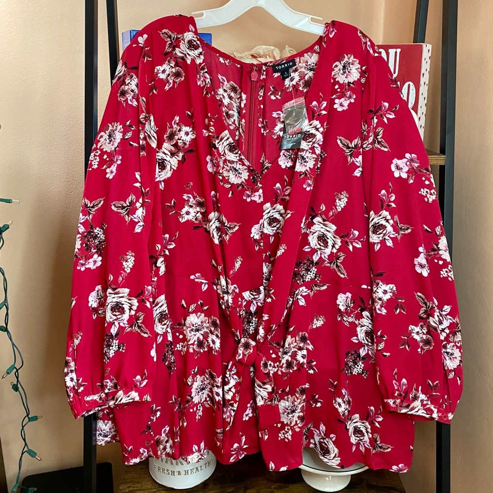 Torrid Red Floral Georgette Tie Front Peplum Blouse